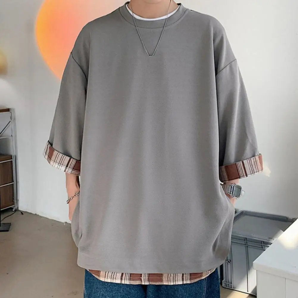 t shirts d'été pour hommes, style coréen, ample, faux deux pièces, mi long, grande taille, manches trois quarts, streetwear, haut d'extérieur t shirts d'été pour hommes, style coréen, ample, faux deux pièces, mi long, grande taille, manches trois quarts, streetwear, haut d'extérieur