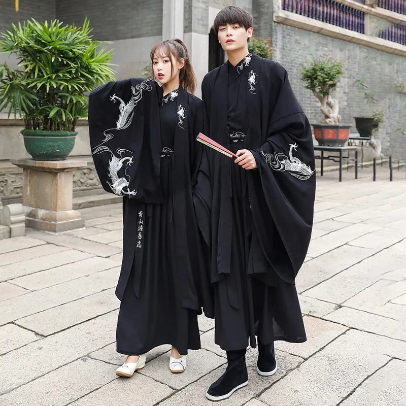 robe longue unisexe de grande taille avec broderie de samouraï japonais, vêtements de style chinois traditionnel hanfu, homme sans abri, dragon noir robe longue unisexe de grande taille avec broderie de samouraï japonais, vêtements de style chinois traditionnel hanfu, homme sans abri, dragon noir
