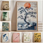 Affiche de grue japonaise, art mural vintage Ukiyo-e, impression soleil rouge et pin, œuvre d&rsquo;art traditionnelle japonaise, décoration orientale pour la maison