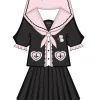 ensemble deux pièces japonais kawaii pour femmes, chemisier en dentelle brodée de chat esthétique, grunge + mini jupes plissées dégradées, tenue trempée, y2k