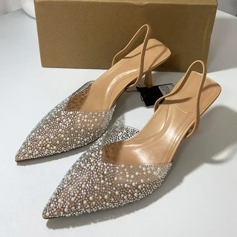 sandales à talons hauts transparents et pointus pour femme, chaussures Élégantes à la mode avec décoration de perles, Été 2025 sandales à talons hauts transparents et pointus pour femme, chaussures Élégantes à la mode avec décoration de perles, Été 2025