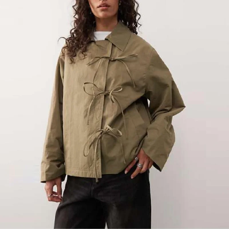 vestes à bretelles avec nœud papillon pour femme, manteaux amples à revers et manches longues avec poches, vêtements d'extérieur quotidiens de rue, automne 2025 vestes à bretelles avec nœud papillon pour femme, manteaux amples à revers et manches longues avec poches, vêtements d'extérieur quotidiens de rue, automne 2025