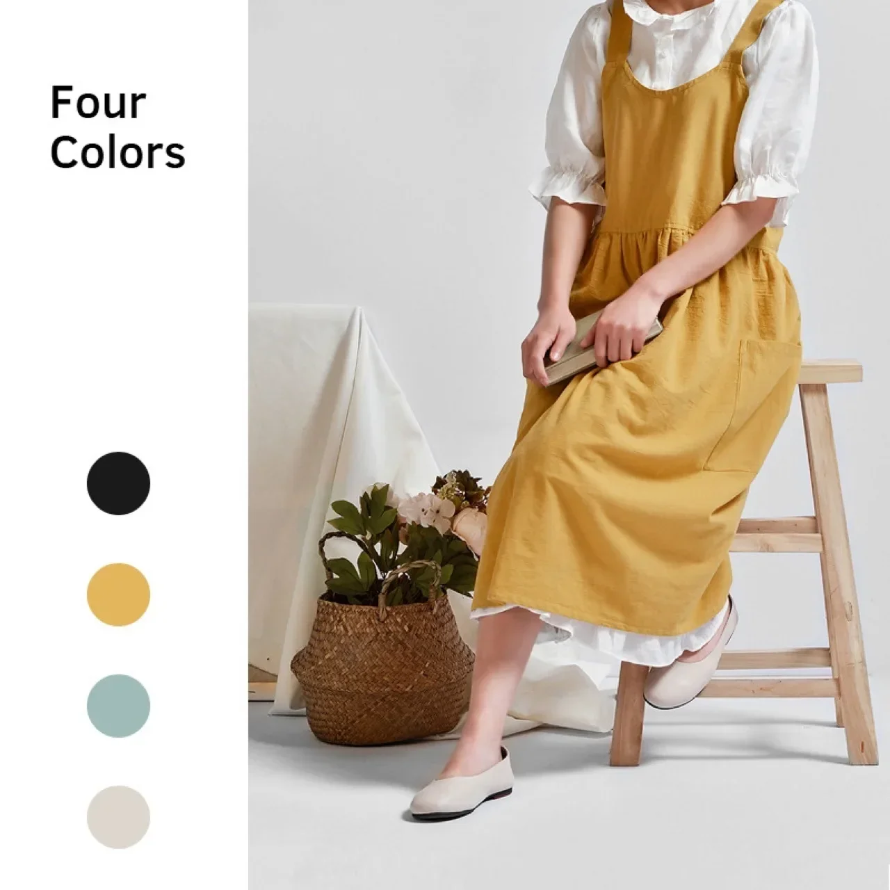 tablier en coton et lin pour femmes, dos croisé, pour travaux ménagers japonais, enveloppe de cuisson avec poche, robe de fleuriste, couleur unie, tablier de cuisine de jardin tablier en coton et lin pour femmes, dos croisé, pour travaux ménagers japonais, enveloppe de cuisson avec poche, robe de fleuriste, couleur unie, tablier de cuisine de jardin