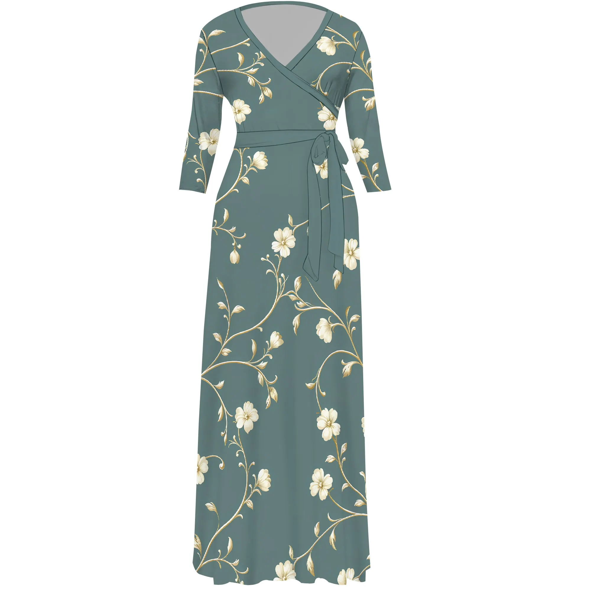 robe longue portefeuille pour femmes, col en v, manches 3/4, taille haute, mi longue, robes d'invitées de mariage élégantes avec ceinture robe longue portefeuille pour femmes, col en v, manches 3/4, taille haute, mi longue, robes d'invitées de mariage élégantes avec ceinture