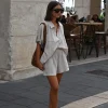ensemble chemise et short à rayures pour femmes, ample, simple boutonnage, haut à manches courtes, taille haute, cordon de serrage, pantalon court, vêtements de plage, été 2025