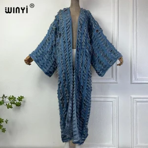 WINYI nouveau manteau faashion pour les femmes nouveau 2025 manteau ample automne creux denim long vers le bas manteau maillot de bain couvrir hiver kimono