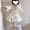 manteau japonais élégant kawaii pour femme, col en fausse fourrure, hauts à manches longues, décontracté, boutons avec nœud lolita, veste chaude et douce, nouvelle collection automne hiver