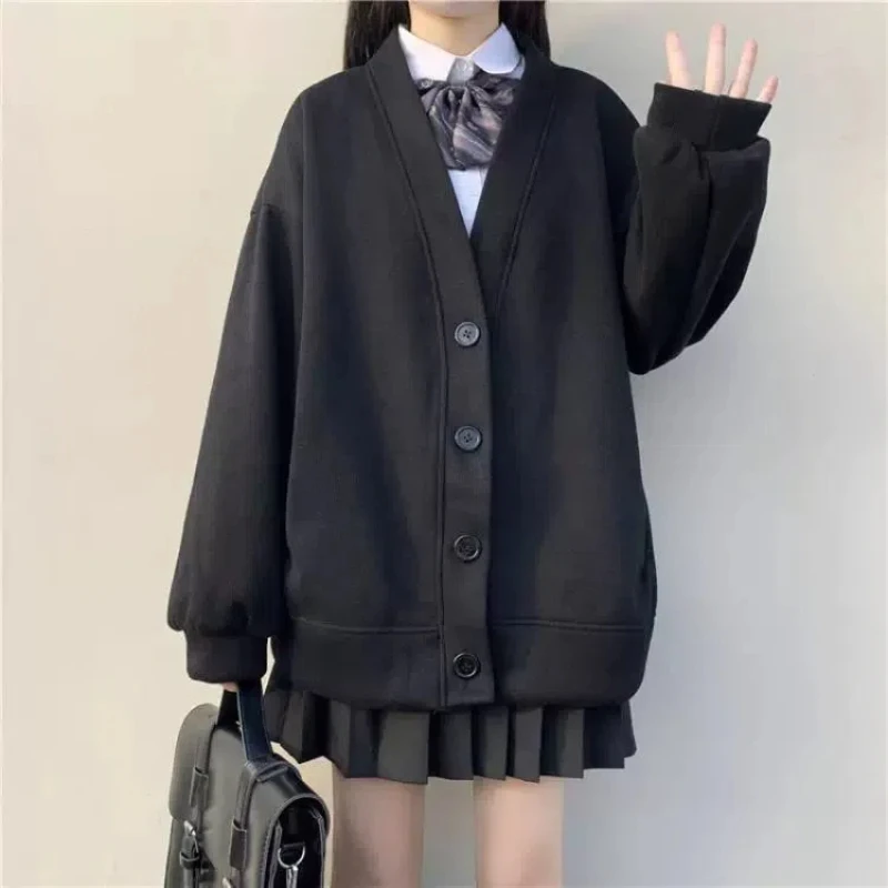 vestes cardigan de style preppy japonais pour femmes, col en v, poches solides, bouton, mode preppy, automne, hiver, nouveau vestes cardigan de style preppy japonais pour femmes, col en v, poches solides, bouton, mode preppy, automne, hiver, nouveau