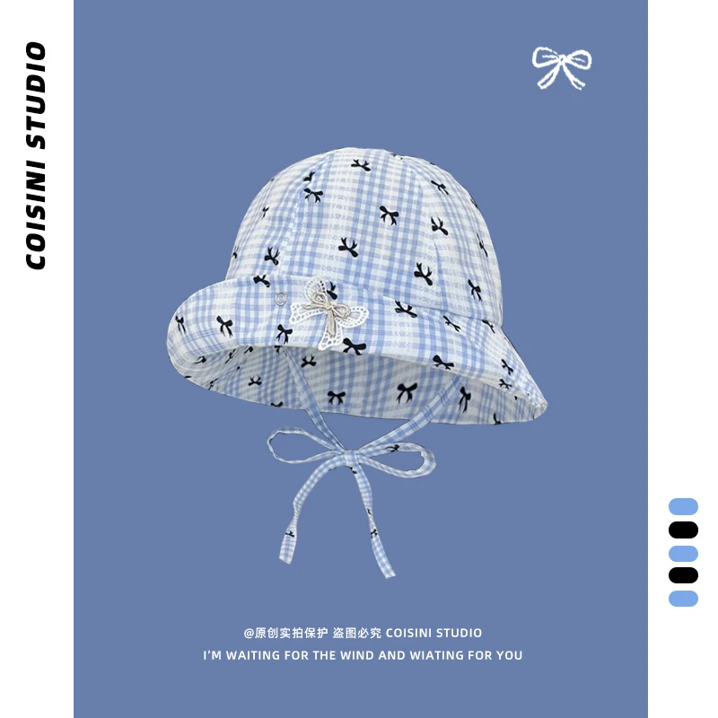 Chapeau seau à bord rabattable pour femmes, imprimé avec nœud à carreaux doux japonais, été, mince, mignon, polyvalent, dôme pare-soleil, casquette de soleil à lacets Chapeau seau à bord rabattable pour femmes, imprimé avec nœud à carreaux doux japonais, été, mince, mignon, polyvalent, dôme pare-soleil, casquette de soleil à lacets