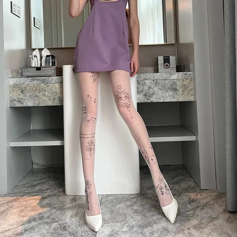 collants longs noirs pour femmes, collants avec tatouages à motifs, fleur insérée, lettre, dames, fins, sexy collants longs noirs pour femmes, collants avec tatouages à motifs, fleur insérée, lettre, dames, fins, sexy