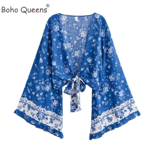 Boho Queens femmes sauvage Floral 2025 plage été court Kimono volants manches évasées vacances bohème Bikini Boho couvertures