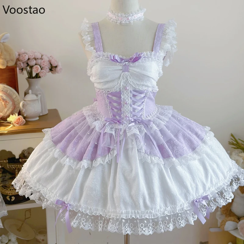 robe japonaise douce lolita jsk pour femmes, élégante, à volants, en dentelle, à bandes, bretelles de princesse, y2k, kawaii, mini robe de soirée thé robe japonaise douce lolita jsk pour femmes, élégante, à volants, en dentelle, à bandes, bretelles de princesse, y2k, kawaii, mini robe de soirée thé