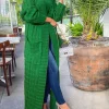cardigan long pour femme, veste tricotée, vert, crochet, ample, manches longues, pull chaud, décontracté, automne hiver