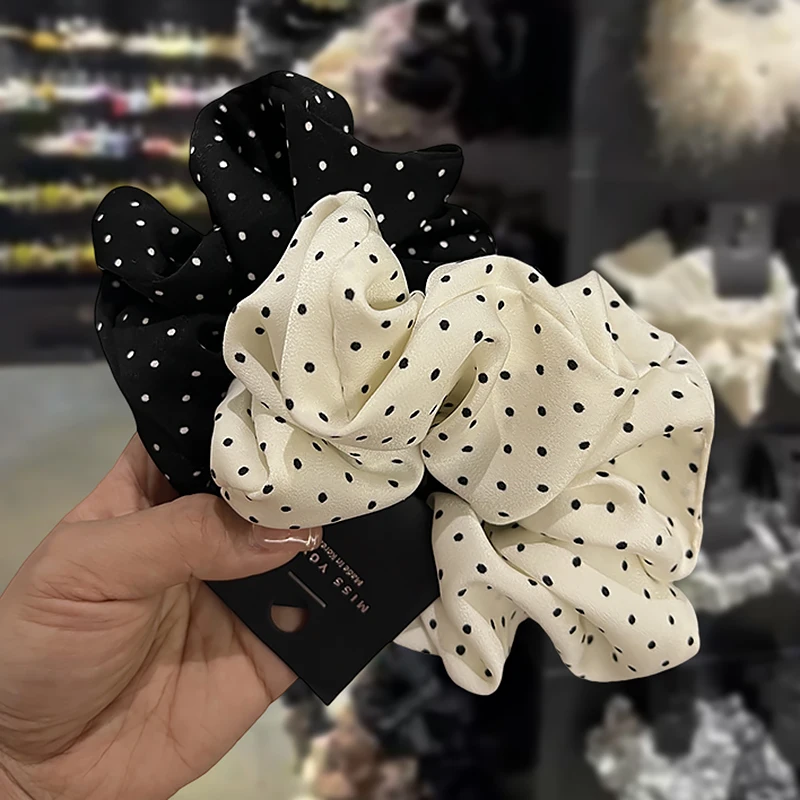 accessoires pour cheveux coréens à pois noirs et blancs haut de gamme, bandeau pour gros intestin, tempérament satiné, bandeau queue de cheval accessoires pour cheveux coréens à pois noirs et blancs haut de gamme, bandeau pour gros intestin, tempérament satiné, bandeau queue de cheval