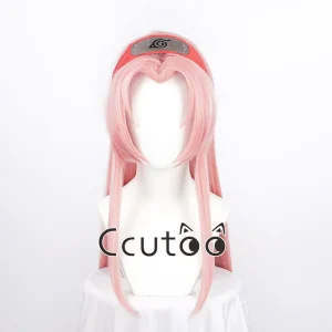 Perruque de Cosplay Haruno Sakura, cheveux synthétiques longs roses, perruque Anime avec couvre-chef rouge + bonnet de perruque gratuit