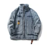 Veste en jean rétro pour hommes, col montant, lettres imprimées, Style japonais, automne-hiver 2021, grandes poches avant, manteau ample à fermeture éclair