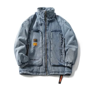 Veste en jean rétro pour hommes, col montant, lettres imprimées, Style japonais, automne-hiver 2021, grandes poches avant, manteau ample à fermeture éclair