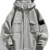 veste pour hommes style coréen multi poches coupe vent à capuche unisexe manteau surdimensionné streetwear noir coupe vent vestes décontractée