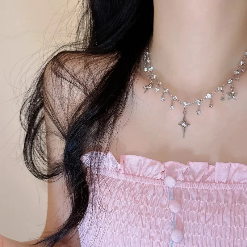collier chic avec pendentif en cristal et zircon pour femmes et filles, chaîne de clavicule, accessoires esthétiques y2k, à la mode collier chic avec pendentif en cristal et zircon pour femmes et filles, chaîne de clavicule, accessoires esthétiques y2k, à la mode