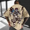 T-Shirt surdimensionné en coton kaki Demon Slayer Akaza, imprimé au dos, cheveux violets, Pose de Combat, éclaboussures d&rsquo;encre, manches Kanji, texte, tenue décontracté