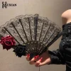 Éventail pliant en dentelle pour femmes, en tissu noir et blanc, avec pompons, danse de style ancien, pour cadeaux de fête de mariage