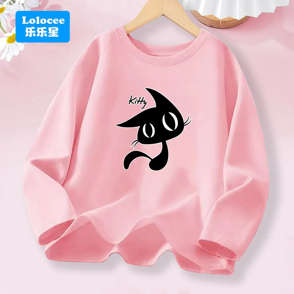 Kawaii noir Kitty graphique T-shirt pour les filles printemps automne à manches longues couverture en coton enfants mode usage quotidien Kawaii noir Kitty graphique T-shirt pour les filles printemps automne à manches longues couverture en coton enfants mode usage quotidien