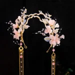Bandeau à fleurs rose, accessoires pour cheveux Hanfu chinois, diadèmes longs à pampilles, bandeau féerique pour le front, bijoux pour cheveux, couronne de perles Vintage