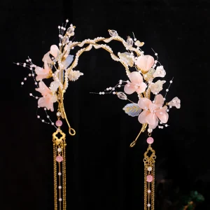 Bandeau à fleurs rose, accessoires pour cheveux Hanfu chinois, diadèmes longs à pampilles, bandeau féerique pour le front, bijoux pour cheveux, couronne de perles Vintage