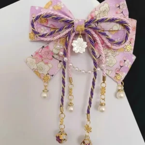 Fille de Style japonais avec estampage à chaud, accessoire pour cheveux avec nœud en fleurs de cerisier, Clip de bord à pampilles Lolita