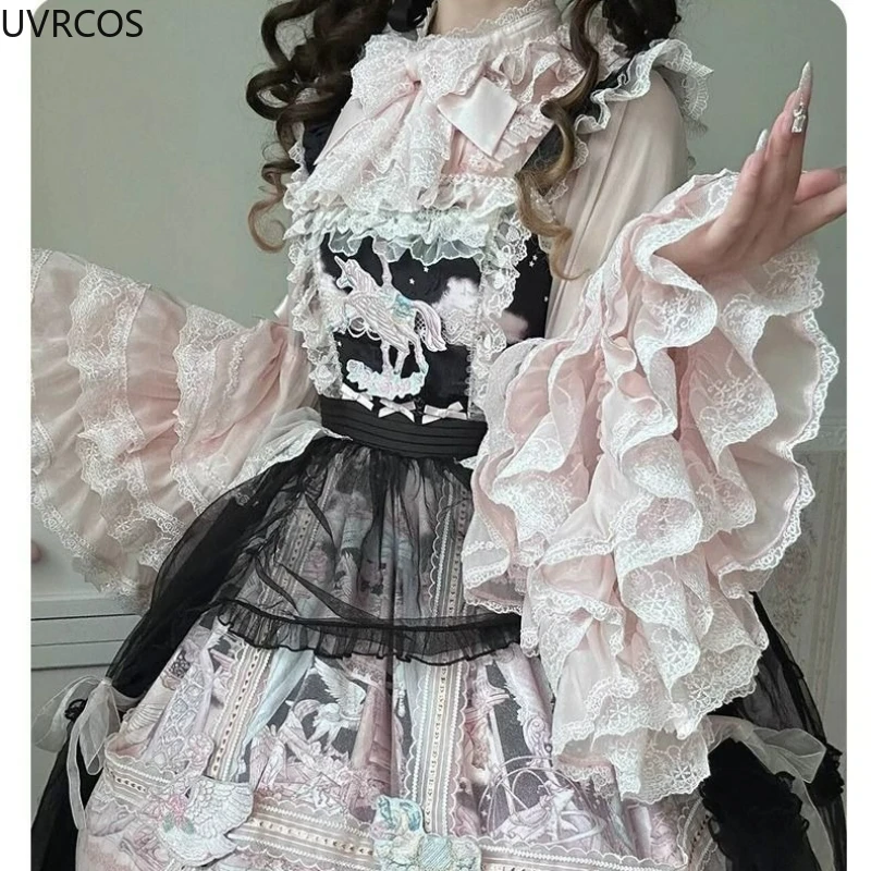 rose japon lolita manches évasées doux nœud chemises y2k esthétique slash cou dentelle patchwork blouse femmes ample grunge à volants blusas rose japon lolita manches évasées doux nœud chemises y2k esthétique slash cou dentelle patchwork blouse femmes ample grunge à volants blusas