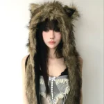 Chapeau écharpe en fourrure japonais Kawaii pour femme, garde au chaud, mode esthétique Y2k, casquette Vintage, oreilles d&rsquo;ours, Streetwear Grunge, hiver