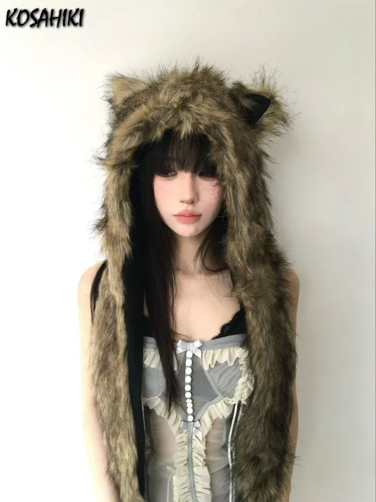Chapeau écharpe en fourrure japonais Kawaii pour femme, garde au chaud, mode esthétique Y2k, casquette Vintage, oreilles d’ours, Streetwear Grunge, hiver Chapeau écharpe en fourrure japonais Kawaii pour femme, garde au chaud, mode esthétique Y2k, casquette Vintage, oreilles d’ours, Streetwear Grunge, hiver