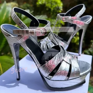 Sandales à plateforme en cuir brillant pour femmes, chaussures ouvertes Parker, sangle de rinçage, talons hauts pour dames, motif pierre, sexy, élégantes, chaussures de luxe Sandales à plateforme en cuir brillant pour femmes, chaussures ouvertes Parker, sangle de rinçage, talons hauts pour dames, motif pierre, sexy, élégantes, chaussures de luxe