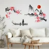 peinture à l'encre japonaise mont fuji soleil rouge fleur de cerisier autocollants muraux pour pvc imperméable salon décoration de la maison