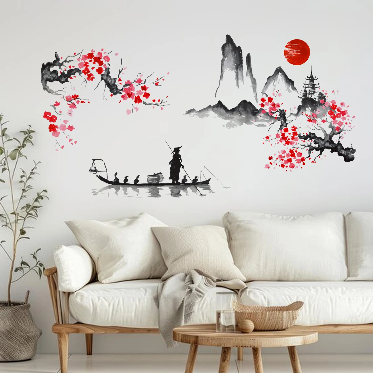 peinture à l'encre japonaise mont fuji soleil rouge fleur de cerisier autocollants muraux pour pvc imperméable salon décoration de la maison peinture à l'encre japonaise mont fuji soleil rouge fleur de cerisier autocollants muraux pour pvc imperméable salon décoration de la maison