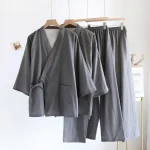 Ensemble de pyjamas kimono pour hommes, robes fines, coton, coupe At, grande taille, manches mi-longues, vêtements de nuit, printemps, automne, été