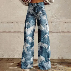 Pantalon à jambes larges pour femmes, imprimé ondulé japonais Harajuku, décontracté, couleur Vintage, pantalon d&rsquo;été de mer, drôle, doux, évasé, grande taille