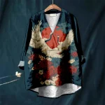 Harajuku japonais grue imprimé femmes décontracté col en V chemise rétro Floral Kimono Blouse Hipster Vintage chemises été confortable hauts Harajuku japonais grue imprimé femmes décontracté col en V chemise rétro Floral Kimono Blouse Hipster Vintage chemises été confortable hauts