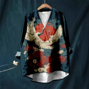 Harajuku japonais grue imprimé femmes décontracté col en V chemise rétro Floral Kimono Blouse Hipster Vintage chemises été confortable hauts Harajuku japonais grue imprimé femmes décontracté col en V chemise rétro Floral Kimono Blouse Hipster Vintage chemises été confortable hauts
