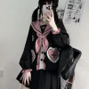 ensemble deux pièces japonais kawaii pour femmes, chemisier en dentelle brodée de chat esthétique, grunge + mini jupes plissées dégradées, tenue trempée, y2k