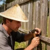 chapeau de soleil en bambou de style chinois, chapeau de soleil en paille de bambou avec cordon de serrage réglable, casquette de pêche à large bord en maille respirante