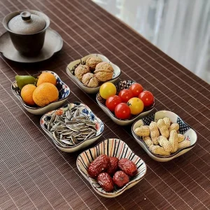 Plateau à thé japonais en bois de Sapele, plat à pâtisserie à trois fentes, assiette à Dessert rectangulaire, plateau de service de collation à quatre grilles pour la maison