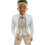 Costumes formels blancs à fleurs pour garçons, tenue de mariage à col montant, Tuxedos pour enfants, Costume de fête 3 pièces (veste + gilet + pantalon)