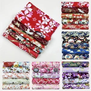 Tissu Kimono Imprimé Japonais, Patchwork Fait Main, Dessin Animé, Grille en Coton, Motif de Fleurs, Textile Maison, 20x25cm, 5 Pièces