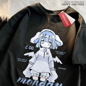 T-shirt imprimé monday Blue Cartoon pour hommes et filles, style japonais, t-shirt en coton d&rsquo;été, t-shirt de rue, vêtements surdimensionnés, décontracté, Y-