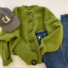 Cardigan en fourrure de raton laveur avec bouton en corne verte pour femme, pull décontracté, marchandises européennes, optique, automne et hiver
