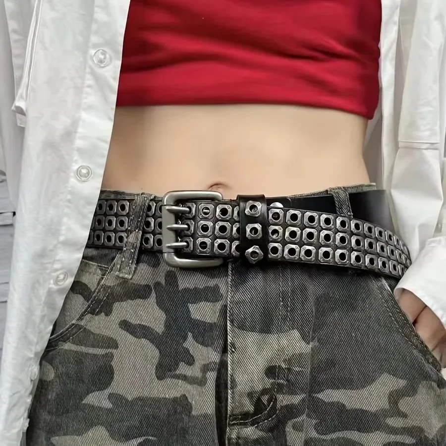 ceinture pour femmes, perles carrées à la mode, clous en saule, trois yeux d'échappement, punk street cool, ceintures personnalisées pour hommes et femmes ceinture pour femmes, perles carrées à la mode, clous en saule, trois yeux d'échappement, punk street cool, ceintures personnalisées pour hommes et femmes