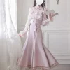 japonais rojita mini série sc chemisier rose et blanc jupe sirène élégante produite en série manches longues chemise à simple boutonnage fille