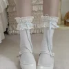 chaussettes japonaises en coton avec nœud, mi tube, dentelle, doux, lolita, genou, école, filles, kawaii, printemps, nouveau