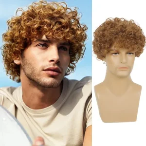 Perruque courte bouclée pour hommes, brun clair, cheveux synthétiques, à utiliser pour Halloween, Cosplay, Costume, Style Disco pour hommes Perruque courte bouclée pour hommes, brun clair, cheveux synthétiques, à utiliser pour Halloween, Cosplay, Costume, Style Disco pour hommes